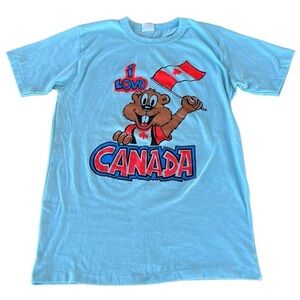 VTG I Love Canada Single Stitch TShirt Blue Beaver Maple Leaf Flag Med 50/50 GUC